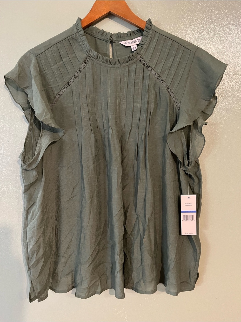 Nanette  Lepore  Olive Ruffle Sleeve Lightweight Pintuck Blouse XL NWT